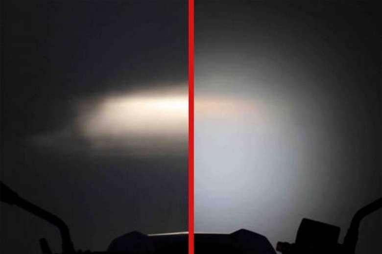 ノーマルヘッドライトによる輝度比較 左:LEDフォグランプ無し/右:LEDフォグランプ点灯