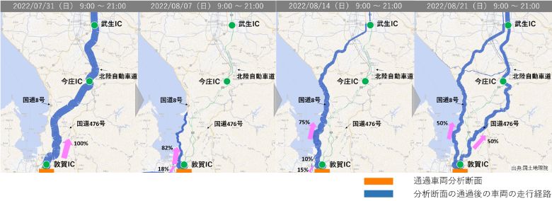 図2 敦賀IC付近を走行する自動車の経路変化