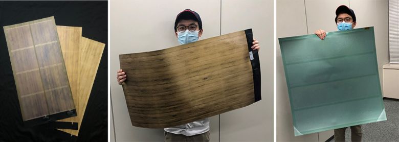 加飾フィルムをF-WAVEが量産する軽量フレキシブル太陽電池に実装した状態 木目調加飾フィルム(左)と単色フィルム(右)を貼り付けた加飾太陽電池