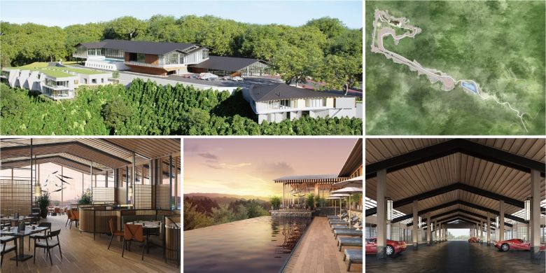 THE MAGARIGAWA CLUB 上段:クラブハウス・オーナーズパドック全景 ドライビングコース 下段:クラブハウス内レストラン・プール・ピットレーン (アソシエイト会員は⼀部ご利⽤の制限があります)