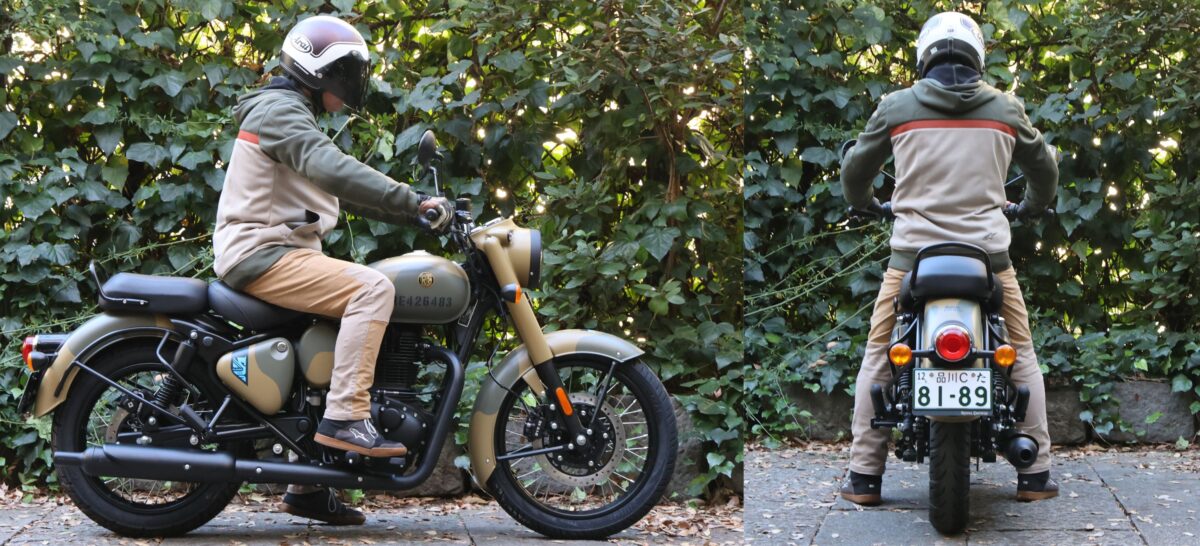 クラシック350のシート高は805mm。単気筒の車体はスリムかつ、鞍型シートの前部がしっかり絞られているため足がとても出しやすい。おかげで両足とも踵までべったりついた。(ライダー:身長172cm/75kg)