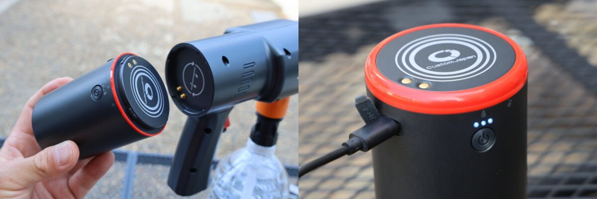 バッテリーは取り外し式なので、使用直後で本体やホースが濡れていても室内や車内に持ち込んで、手軽に充電が可能。充電時間は最大4時間ほどで、充電ソケットはUSBType-CでPD充電にも対応している。バッテリー残量のインジケーターは3段階表示