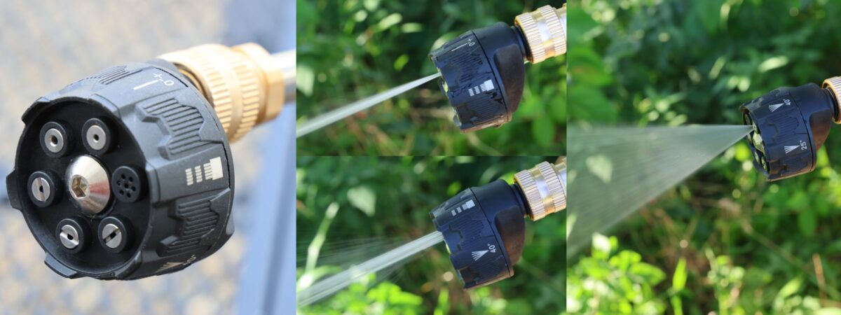 先端に取り付けるマルチノズルによる噴射モードの切り替えは6種類。“シャワー(写真中下)”、“0°+(写真中上)”、“0°”、“15°”、“25°”、“40°(写真右)”で、洗車の泡を洗い流すなら“25°”、“40°”、しつこい汚れを勢いで吹き飛ばすなら“0°+”や“0°”が使いやすかった