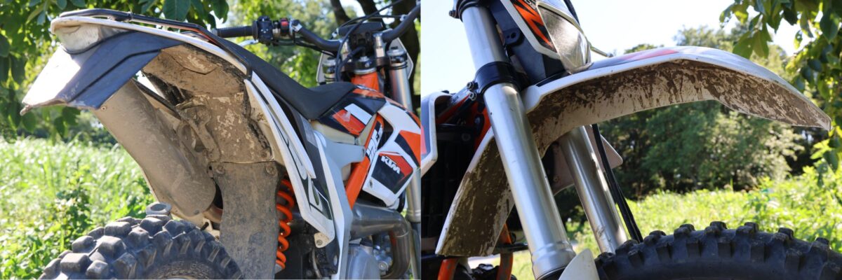 テストで用意した洗車対象の汚れ具合はこんな感じ。砂埃だけでなく水溜りを通過してしまったため、フェンダー裏はけっこうドロドロ