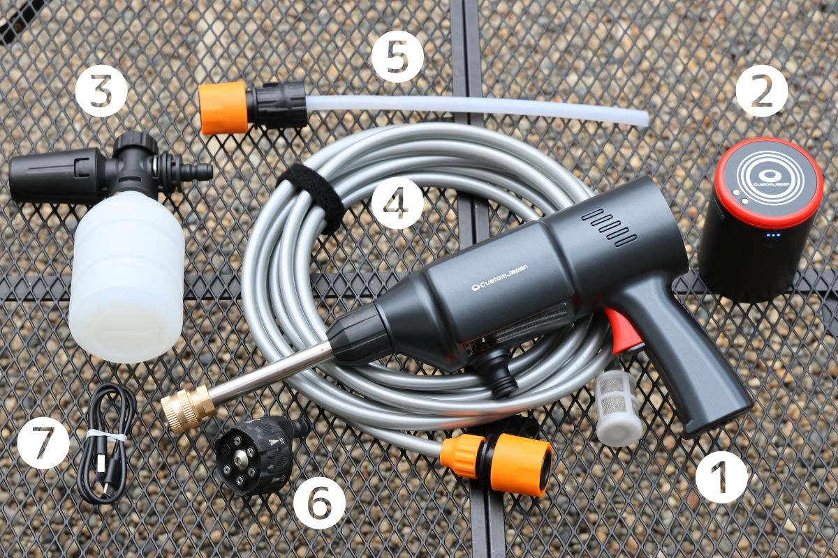 「スマートポータブル01高圧洗浄機」の入り組は、①洗浄機本体、②バッテリー、③洗剤用タンク、④給水ホース、⑤ペットボトル用給水ホース、⑥マルチノズル、⑦USBケーブル(Type-C)