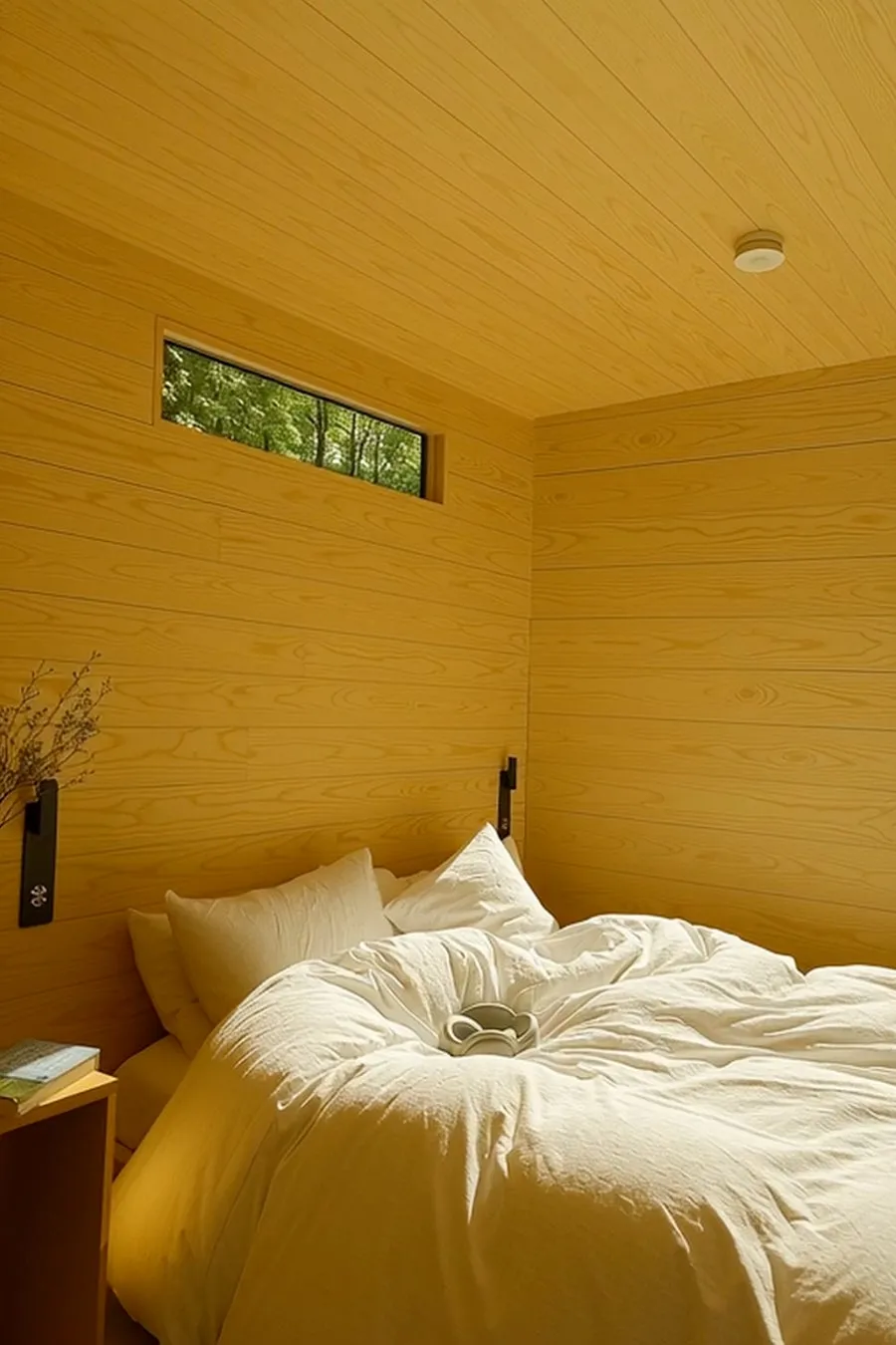 明るい木材の壁と天井で統一された寝室。白い寝具が置かれたベッドがあり、上部には外の緑豊かな木々が見える横長の窓がある。