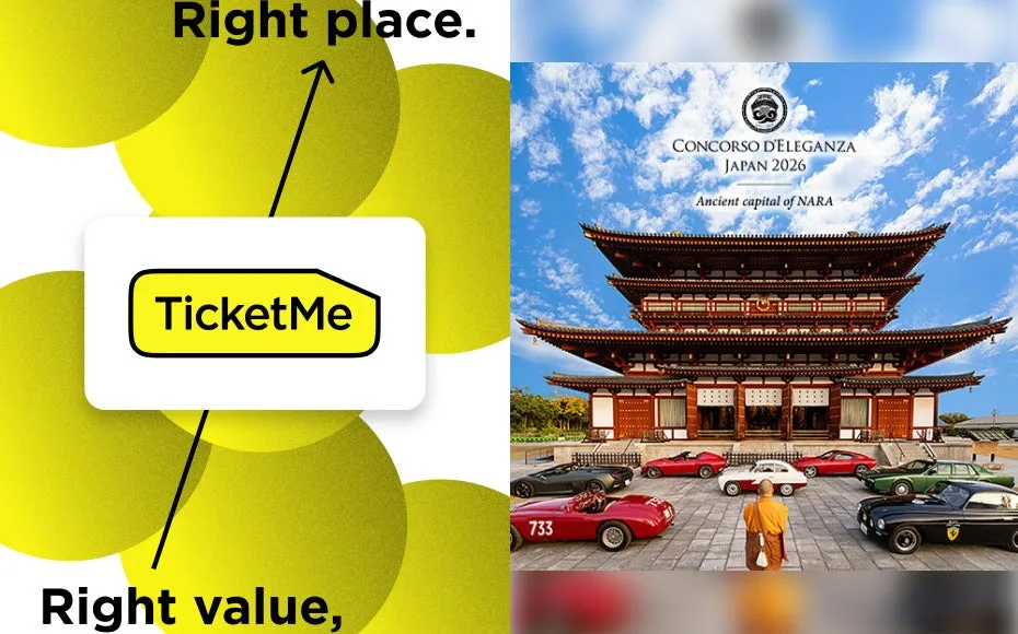 TicketMeの広告とCONCORSO D'ELEGANZA JAPAN 2026のプロモーション画像