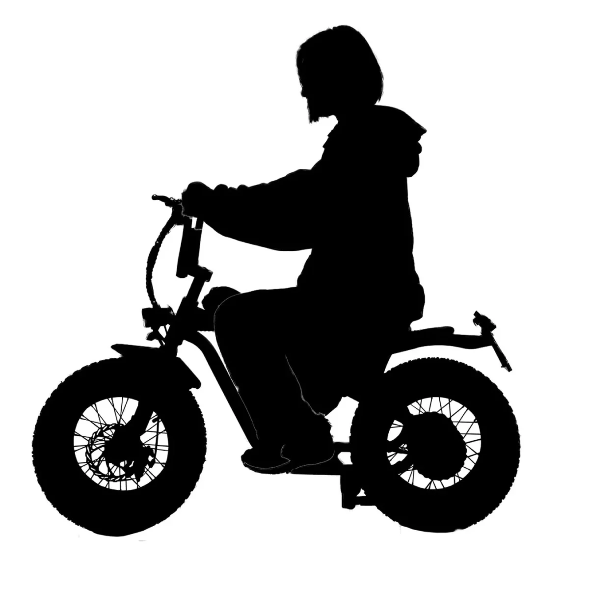 太いタイヤの自転車に乗る人物のシルエット