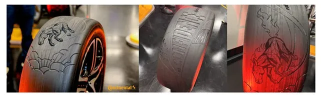 狼のシルエットや文字が刻まれたカービングタイヤ