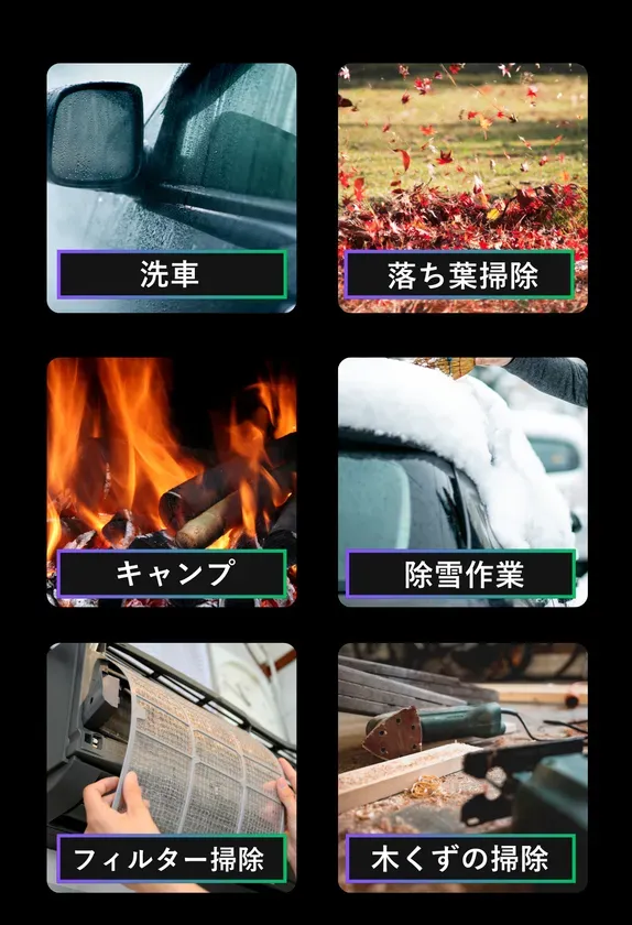 さまざまな作業のイラストが6つ並んでいます。洗車、落ち葉掃除、キャンプ、除雪作業、フィルター掃除、木くずの掃除です。